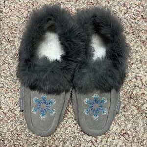 Real fur Gray suede fleece lined Women's moccasins